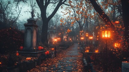 Spooky Autumn Graveyard with Lit Pumpkins and Lanterns on Moonlit Path