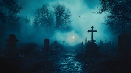 Eerie Graveyard Landscape with Misty Silhouettes and Glowing Cross at Night