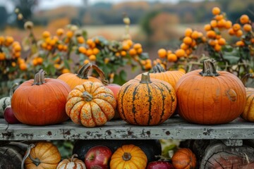 Fall harvest display with pumpkins and autumn produce on weathered bench