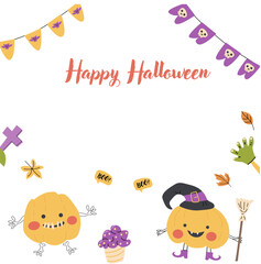 Obraz premium Childrens Halloween party cute card template. Cartoon characters pumkins in halloween holiday costume and spooky sweets. Cute monsters for autumn fall holidays party.