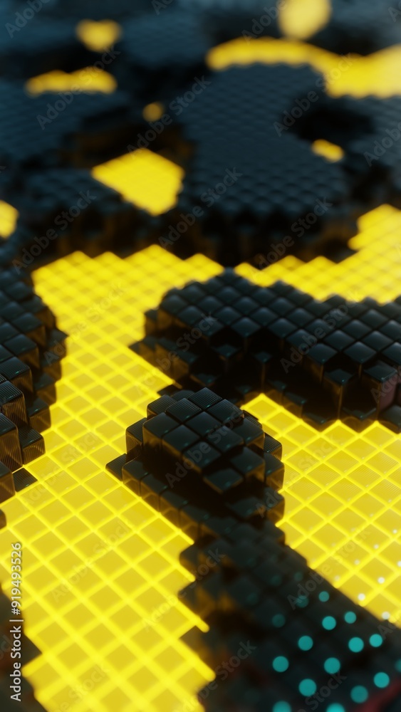 Poster digital grid with raised black blocks on a yellow glowing surface.