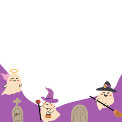 Cute childrens halloween background with funny characters. Pumkins and ghosts, skulls, fall leaves, speech bubbles.