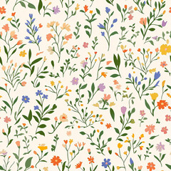 Seamless Floral Pattern with Delicate Flowers and Green Leaves.