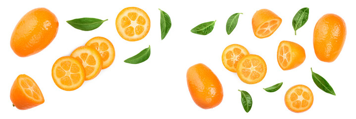 Cumquat or kumquat with slices isolated on white background with copy space for your text. Top view. Flat lay