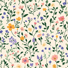 Seamless Floral Pattern with Colorful Flowers and Green Leaves.
