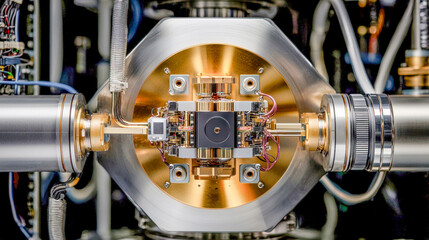 Obraz premium Representation of quantum processors with cooling systems and nested chips based on superconducting circuits symbolizing modern technological advancements in quantum computing