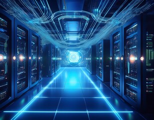 Fototapeta premium hightech server room bathed in cool blue light rows of quantum computers with intricate wiring and pulsing led indicators holographic displays show complex data streams and network diagrams