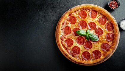 Hot pizza with Pepperoni, basil leaf on dark background with copy space. Cheese Pizza .