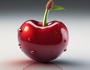 hyperrealistic 3d render of a glossy red cherry studio lighting highlights every detail from the stem to the water droplets crisp white background for maximum impact