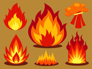 Cartoon red flame. Fire flames, hot fireball, danger wildfire campfire and bonfire elements, fire frames and flaming borders isolated vector set
