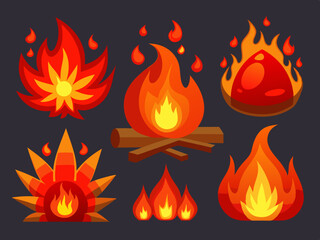Cartoon red flame. Fire flames, hot fireball, danger wildfire campfire and bonfire elements, fire frames and flaming borders isolated vector set

