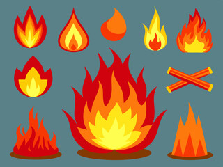 Cartoon red flame. Fire flames, hot fireball, danger wildfire campfire and bonfire elements, fire frames and flaming borders isolated vector set
