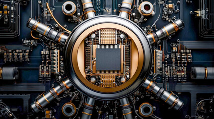 Representation of quantum processors with cooling systems and nested chips based on superconducting circuits symbolizing modern technological advancements in quantum computing
