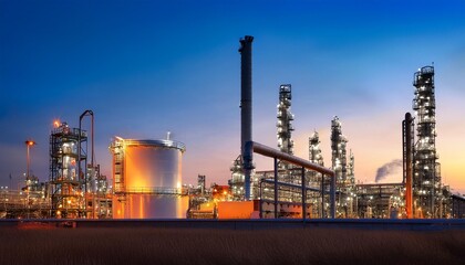 Fototapeta premium industrial refinery complex massive cylindrical storage tanks and intricate pipeline networks dominate the foreground towering distillation columns and flare stacks punctuate the skyline at dusk