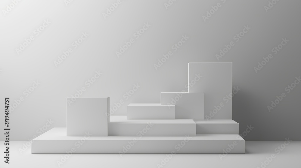 Poster modern minimalist display featuring various geometric white blocks arranged on a neutral background 