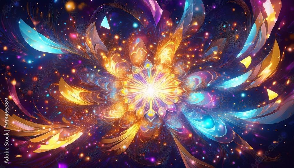 Poster kaleidoscopic explosion of confetti and light swirling colors forming abstract patterns festive ener