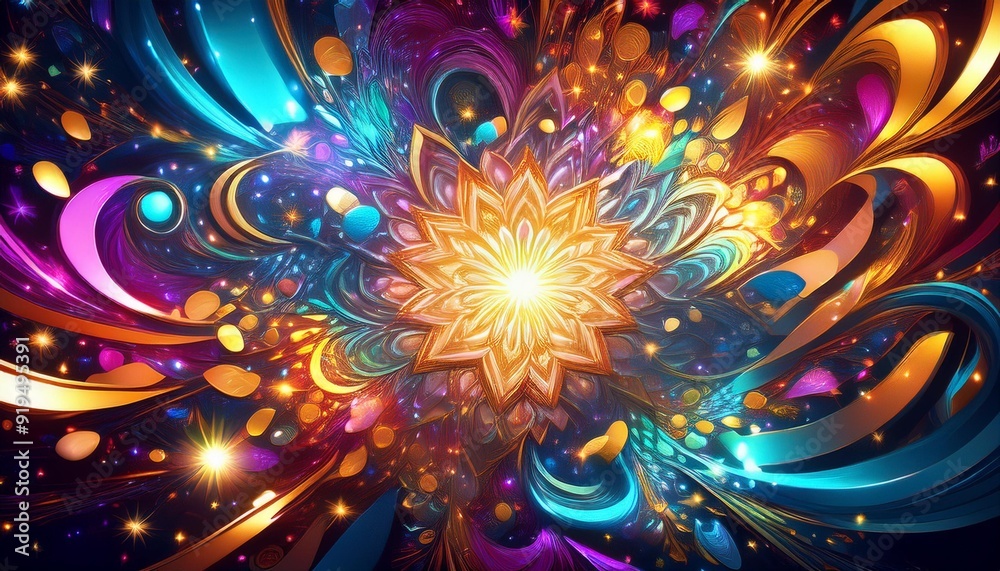Poster kaleidoscopic explosion of confetti and light swirling colors forming abstract patterns festive ener