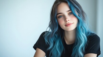 Close up of beautiful woman with white skin, blue long hair, wavy hair and a clear black t shirt, isolated in a light white studio. Portrait person.