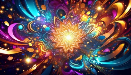 kaleidoscopic explosion of confetti and light swirling colors forming abstract patterns festive energy digital art style