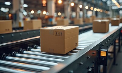 closeup of multiple cardboard box packages seamlessly moving along a conveyor belt in a warehouse fulfillment center a snapshot of e commerce delivery automation,products.