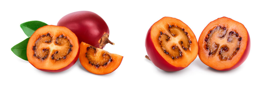 Fresh tamarillo fruit with leaves isolated on white background
