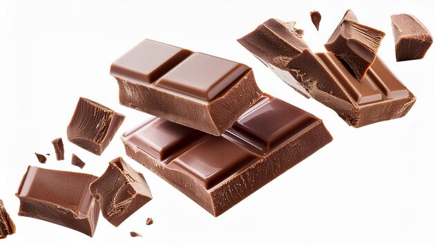 Levitating milk chocolate chunks isolated on white background. Broken chocolate bar pieces and cocoa crumbs falling on white background.