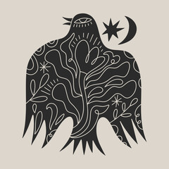 Obraz premium Modern woodland folk bird tribal boho patterned animal in Scandinavian style. Floral Slovak ornament, inspired by northern mythology and fairy tales. Swedish folklore drawing, Nordic flowers pattern