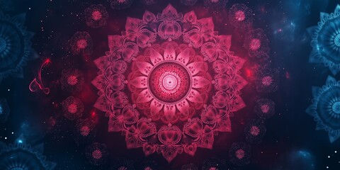 Fototapeta premium A colorful, abstract design of a flower with a red center. The flower is surrounded by a blue background