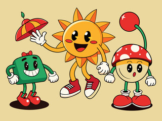 Cartoon abstract character. Retro trendy characters, comic sun and cloud, mascot running cherry, shape star with legs and hands, heart with funny face, vintage mushroom. Vector set 
