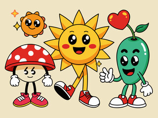 Cartoon abstract character. Retro trendy characters, comic sun and cloud, mascot running cherry, shape star with legs and hands, heart with funny face, vintage mushroom. Vector set 
