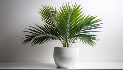 Fototapeta premium lush tropical palm in sleek minimalist white ceramic pot against crisp white background vibrant green fronds contrast with clean lines