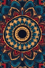 Obraz premium A colorful flower with a black center. The flower is surrounded by a blue and red border. The flower is very detailed and has a lot of intricate patterns