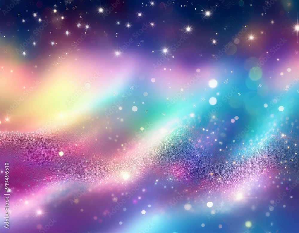 Sticker magic glowing background with rainbow mesh. fantasy unicorn gradient backdrop with fairy sparkles, b