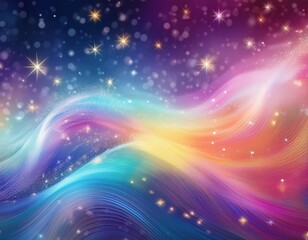 Obraz premium Magic glowing background with rainbow mesh. Fantasy unicorn gradient backdrop with fairy sparkles, blurs, glittering lights and stars.