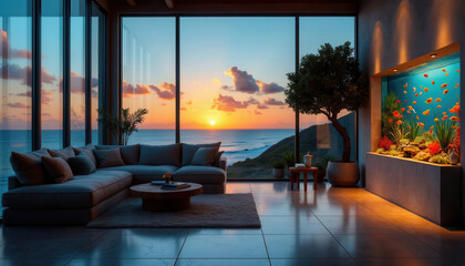 A modern, minimalist sitting room at sunset, overlooking the ocean, with a bright, colourful fish aquarium set into one wall. Generative A.I.