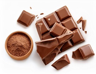 Milk chocolate bar pieces isolated on white background. Chocolate chunks Top view. Flat lay..