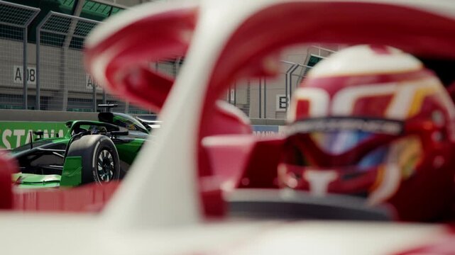 Close-up of a formula one race car driver in pole position with focus shift to opponent. Camera zooms slowly in. 