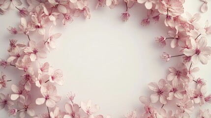 Fototapeta premium Wreath of small light pink cherry sakura flowers, copy space, natural organic floral frame. The generation of AI