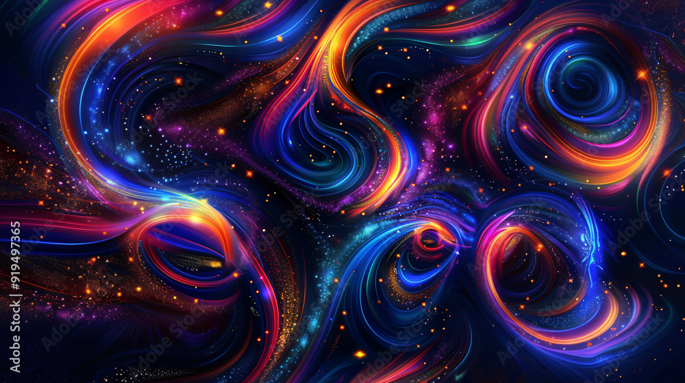 Poster vibrant and abstract image showcasing swirling light patterns set against a stunning galaxy filled w