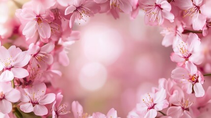 Wreath of small light pink cherry sakura flowers, copy space, natural organic floral frame. The generation of AI