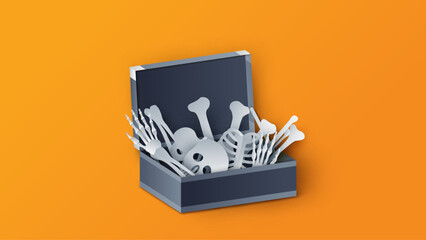 Illustration of human skeleton on Halloween. Human skeleton inside a open suitcase. paper cut and craft style. vector, illustration.