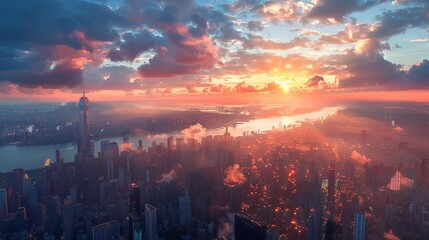 Breathtaking aerial view of NYC skyline at sunrise, showcasing skyscrapers, morning sun, and vibrant clouds over the Hudson River.