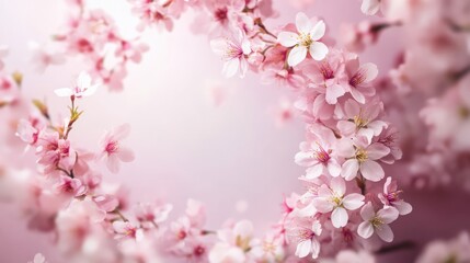 Fototapeta premium Wreath of small light pink cherry sakura flowers, copy space, natural organic floral frame. The generation of AI