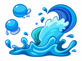 Water splash. Cartoon blue water drops, puddle, spray and waves. Nature object spatters, sputter, splashdown. Clean aqua motion concept. Vector set
