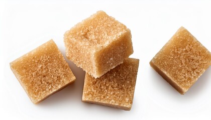 Pieces of cane sugar isolate on white background. Thatched brown sugar cube set Top view. Flat lay.