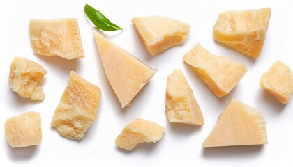 Pieces of parmesan cheese isolated on white background. Pattern. Parmesan crumbs top view. Flat lay.