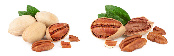 pecan nut with green leaves isolated on white background