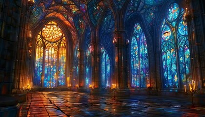 Fototapeta premium Majestic cathedral interior with vibrant stained glass windows casting colorful light on the stone floor, creating a serene and spiritual ambiance.