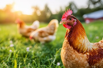 A pair of brown bio-huehners on a green field with weeds. Appropriate posture, breaking the scenery. Im background, a further semi-submerged hoehen.