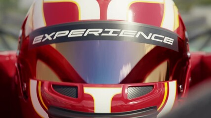 Extreme close-up of a race car driver driving along the race track wearing a protective helmet with experience slogan. 3d animation rendering